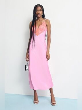 Ronny Kobo Pink lace trim satin Slip Midi Dress